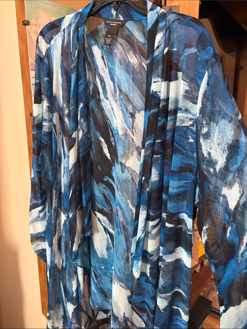 Investments Blue and White Abstract Watercolor Kimono Cape